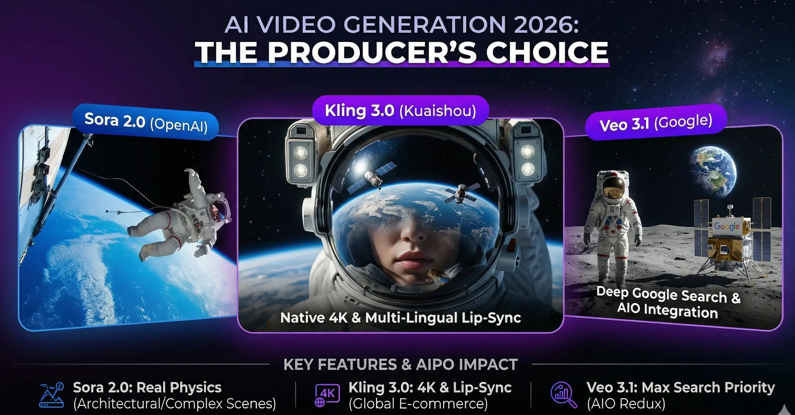 Sora 2.0 vs Kling 3.0 vs Veo 3.1：2026 年最強 AI 視頻生成工具，誰能稱王？