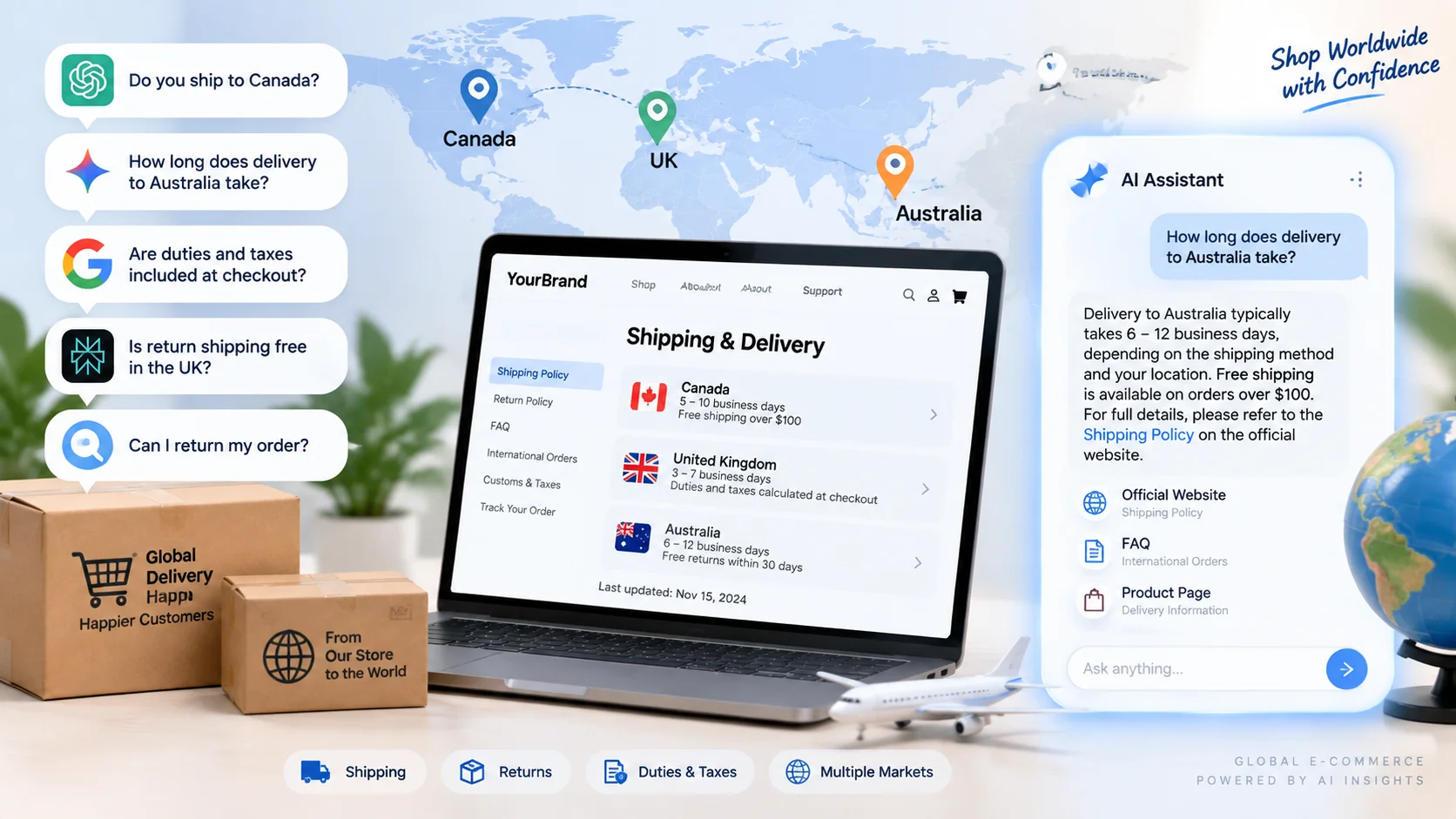 Shipping, delivery, and return rules vary by country—how can DTC sites prevent AI from giving wrong answers?